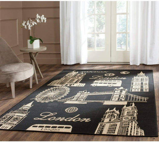 4'x5'7" Black Beige Big Ben London Tower Bridge Bus Printed Accent Rug, Indoor Outdoor Graphical Pattern Living Room Rectangle Carpet, Graphic Art Themed, Soft Synthetic Material, Fancy Rich Textures